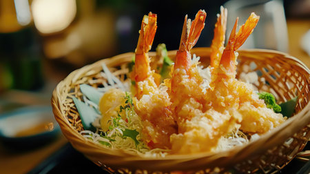 A beautiful presentation of crispy tempura shrimp served in a traditional woven basket, garnished with fresh greens and herbs, perfect for culinary enthusiasts.の素材