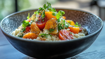 A vibrant bowl of couscous topped with fresh cherry tomatoes and herbs. Perfect for a healthy meal or a colorful appetizer at dining events.の素材