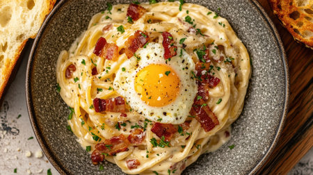 A delightful overhead view of a creamy pasta dish topped with a perfectly cooked egg and crispy bacon, garnished with fresh herbs, ideal for any meal.の素材