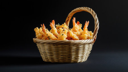 A beautifully arranged basket of crispy shrimp tempura showcasing the perfect golden color and inviting presentation, ideal for appetizers or garnishes.の素材