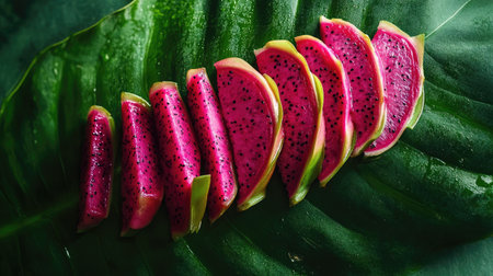 Discover the vibrant beauty of fresh dragon fruit slices artfully arranged on a lush green tropical leaf. Perfect for healthy food inspiration.の素材