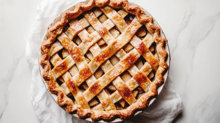 A delicious baked apple pie featuring a classic lattice crust, perfect for any occasion. Great as a dessert for family gatherings or festive events.の素材