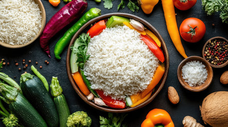 A vibrant display of rice and fresh vegetables, perfect for vegetarian meals. Ideal for cooking and health-related themes. A feast for the eyes!の素材