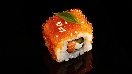 Explore this vibrant sushi piece showcasing dynamic salmon roe atop a classic roll. Perfect for culinary presentations or food photography enthusiasts.の素材