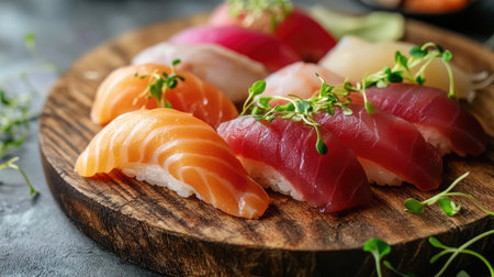 A vibrant sushi platter featuring assorted nigiri, including fresh salmon and tuna, elegantly arranged on a wooden board with garnishes. Ideal for culinary delights.の素材