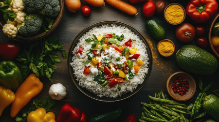 A vibrant vegetarian dish featuring rice topped with fresh vegetables and herbs, surrounded by an array of colorful produce, perfect for healthy eating.の素材