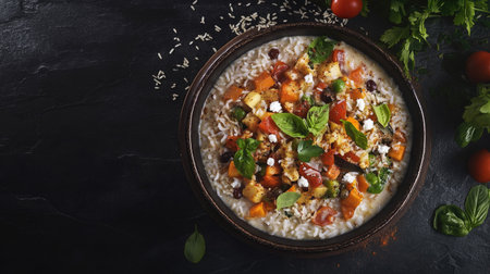 A vibrant and hearty vegetarian dish featuring a mix of rice, fresh vegetables, and herbs, beautifully presented in a rustic bowl on a dark background. Perfect for healthy eating.の素材