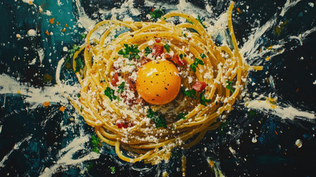 Indulge in this vibrant image of carbonara pasta topped with a fresh egg yolk, herbs, and cheese, showcasing the art of Italian cuisine in a colorful presentation.の素材