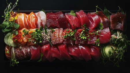 This image showcases an exquisite assortment of tuna arranged artfully, highlighting vibrant colors and fresh garnishes. Perfect for seafood lovers and restaurant menus.の素材