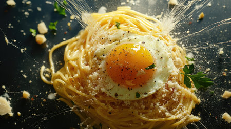 A stunning close-up of dynamic gourmet carbonara topped with a fresh egg, herbs, and cheese. This vibrant dish captures the essence of Italian cuisine and culinary indulgence.の素材