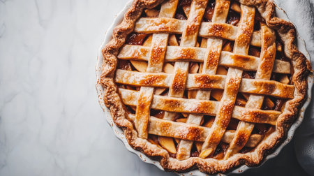 A beautifully baked apple pie with a golden lattice crust, perfect for showcasing the deliciousness of fall desserts. Ideal for seasonal baking inspiration.の素材
