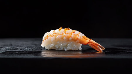 This image showcases a beautifully arranged piece of ebi shrimp nigiri sushi on a dark background, highlighting its fresh ingredients and artistic presentation.の素材