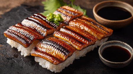 Indulge in this appetizing unagi nigiri featuring succulent glazed eel atop seasoned sushi rice, perfect for a gourmet meal or special occasion.の素材