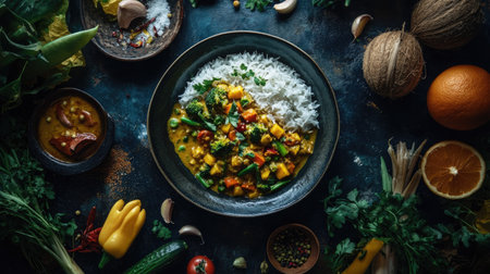 A vibrant vegetarian curry served with fluffy rice, showcasing fresh ingredients and colorful vegetables, perfect for healthy meal inspiration and cooking ideas.の素材
