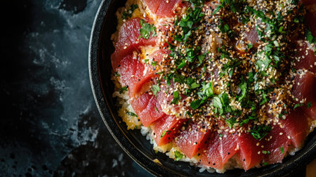 An overhead shot of a colorful chirashi donburi filled with fresh tuna and garnished with herbs and sesame. Perfect for showcasing Japanese cuisine.の素材
