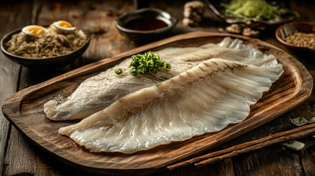 A beautifully arranged flatfish on a wooden platter, garnished with fresh herbs. Perfect for culinary projects, restaurant menus, and food blogs.の素材