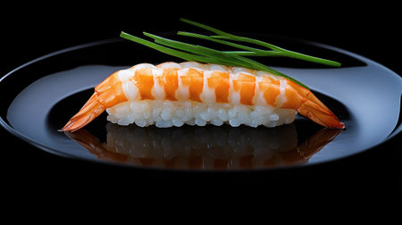 Stunning presentation of gourmet ebi nigiri sushi on a sleek black plate. This visually appealing dish showcases fresh shrimp and vinegared rice, perfect for fine dining.の素材