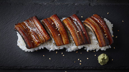 A stunning overhead view of unagi nigiri on a slate plate, showcasing the rich textures of eel and rice with a hint of wasabi and sesame seeds. Perfect for food lovers.の素材