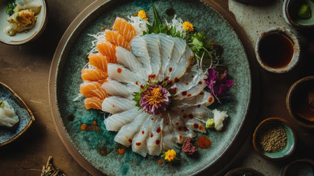 A beautifully arranged platter of fresh raw fish sashimi, showcasing vibrant colors and artistic garnishes, perfect for gourmet dining experiences.の素材
