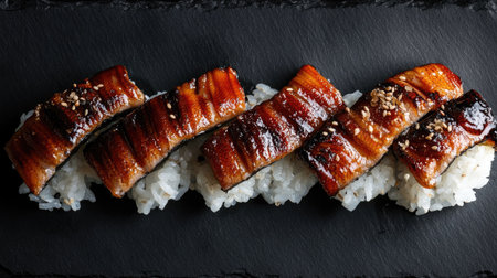 A stunning overhead shot of grilled unagi nigiri placed elegantly on a black slate plate, showcasing delicious eel and fluffy rice, perfect for any food lover.の素材