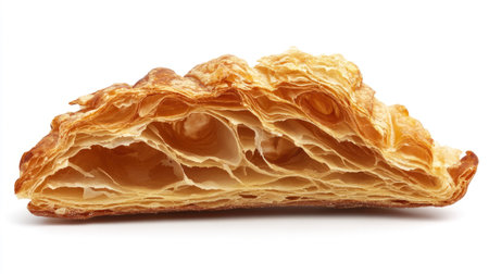 Close-up view of a flaky golden brown croissant showcasing its delicious layers and texture. Ideal for food photography and culinary presentations.の素材