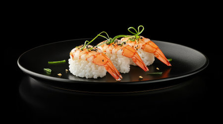 A stunning presentation of gourmet shrimp nigiri on a sleek black plate, showcasing fresh sushi garnished with green onion and sesame. Perfect for food enthusiasts.の素材