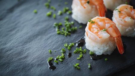 Discover this exquisite shrimp sushi, served with fresh ingredients and vibrant garnish. Perfect for a gourmet meal or special occasion.の素材