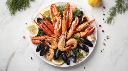 A stunning assortment of seafood featuring shrimp, lobster, and mussels garnished with lemon and herbs, perfect for an elegant dining experience.の素材
