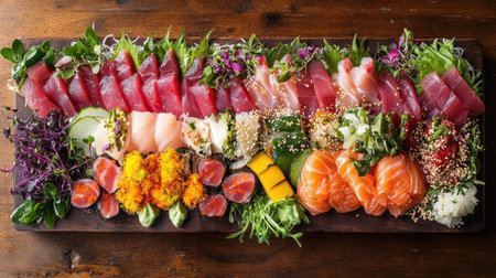 A vibrant assortment of fresh tuna sushi arranged beautifully on a wooden platter, showcasing exquisite colors and textures ideal for food enthusiasts and culinary inspiration.の素材
