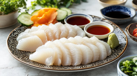 A beautifully arranged sushi platter featuring fresh seafood, garnished with herbs and served with two dipping sauces, perfect for any gourmet meal.の素材