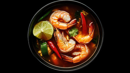 A vibrant bowl of Tom Yum soup featuring fresh shrimp, aromatic herbs, and a hint of lime. This spicy, colorful dish is a Thai culinary delight.の素材