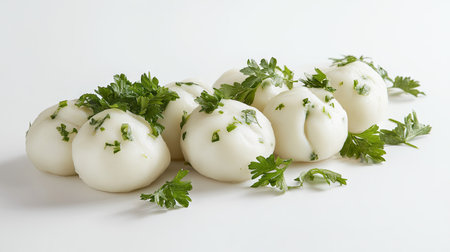 A beautiful arrangement of fresh dumplings garnished with herbs on a clean white background, highlighting the culinary appeal and simplicity of delicious homemade snacks.の素材