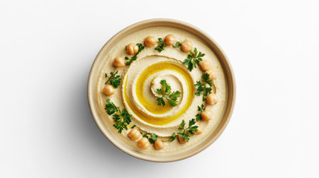 Elevate your culinary experience with this artistic presentation of hummus, garnished with olive oil, chickpeas, and parsley. Perfect for food photography.の素材