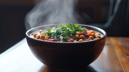 A steaming bowl of chickpea stew topped with fresh herbs creates a vibrant and inviting dish. Perfect for a nutritious meal or cozy dinner.の素材