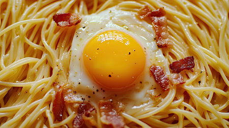 A visually appealing close-up view of a delicious dish featuring a perfectly cooked egg and crispy bacon on a bed of pasta, showcasing vibrant colors and textures.の素材