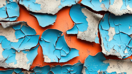 A stunning macro shot of a weathered surface showcasing vibrant blue and orange colors, highlighting the beauty of peeling paint and decay.の素材