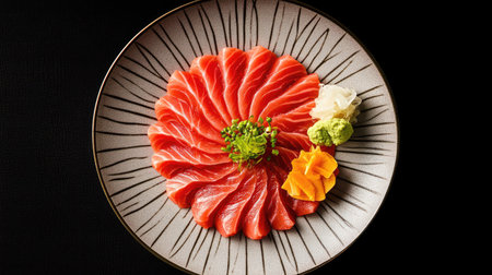 Stunning overhead view of vibrant tuna sashimi beautifully arranged on a plate, showcasing fresh ingredients and artistry in Japanese cuisine. Perfect for food lovers.の素材