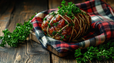 This image features a traditional Scottish haggis wrapped in herbs and presented on a rustic wooden board, perfect for culinary showcases and cultural celebrations.の素材