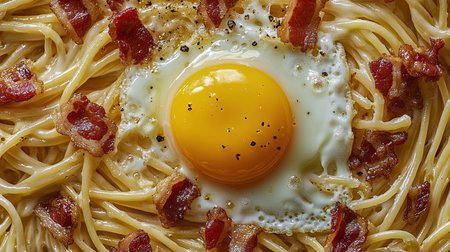 This close-up image captures a delicious carbonara dish, featuring creamy pasta topped with crispy bacon and a perfectly cooked egg. Ideal for food enthusiasts!の素材