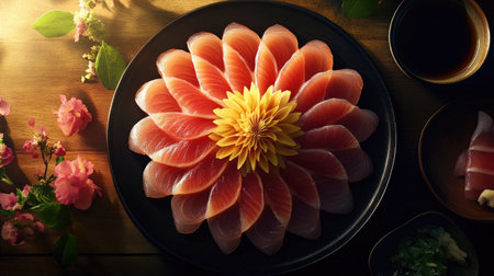 Experience the artful presentation of fresh tuna sashimi arranged beautifully on a plate, embellished with floral touches and vibrant colors.の素材
