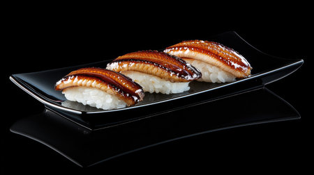This image showcases a visually appealing arrangement of unagi sushi on a sleek black plate, highlighting the rich colors and textures that make it a gourmet delicacy. Perfect for food enthusiasts and chefs alike.の素材
