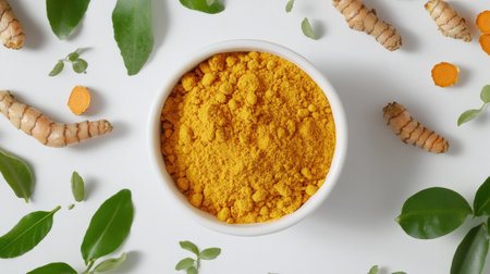 A white bowl filled with vibrant turmeric powder sits among fresh green leaves and turmeric roots. Perfect for culinary, wellness, or food-themed projects.の素材
