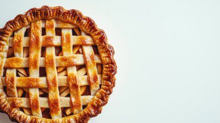 A close-up, artistic view of a single apple pie showcasing its golden lattice crust. Perfect for highlighting dessert ideas, recipes, and baked goods.の素材