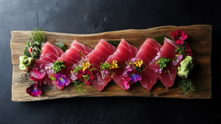 Discover an elegant overhead view of beautifully presented sushi, adorned with vibrant flowers and garnishes, perfect for gourmet dining experiences.の素材