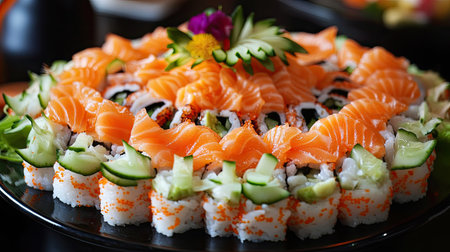 This artistic display features vibrant uramaki rolls topped with fresh salmon, elegantly garnished with herbs. Perfect for food lovers and culinary enthusiasts.の素材