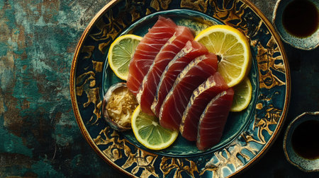 Captivating artistic shot of a tuna sashimi platter, beautifully garnished with fresh lemon slices. Perfect for culinary inspiration and food photography.の素材