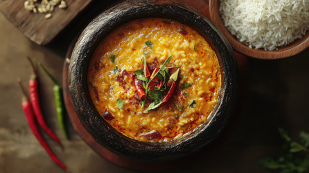 A beautifully presented gourmet curry rice dish in a rustic bowl, showcasing vibrant colors and fresh ingredients, perfect for food photography.の素材