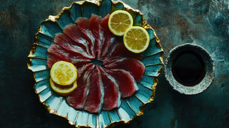 A beautifully arranged tuna sashimi platter featuring vibrant slices of fresh fish and garnished with lemon. Perfect for culinary art and presentation.の素材