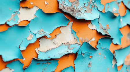 A close-up view of a textured surface featuring vibrant orange and blue peeling paint. This artistic shot captures the beauty in weathered details and abstract patterns.の素材