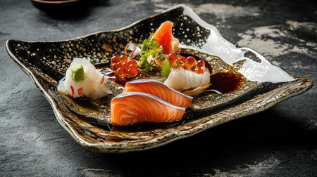An artistic presentation of a raw flatfish and assorted seafood on a stylish plate, showcasing vibrant colors and textures for a gourmet experience.の素材